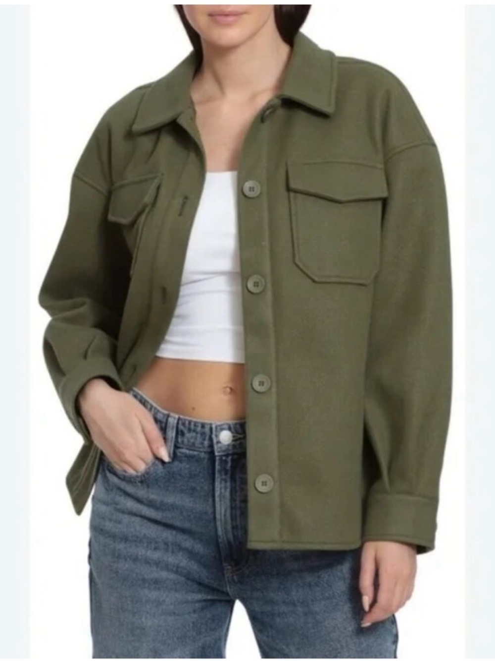 Avec Les Filles Olive Green Cropped Shacket Jacket
